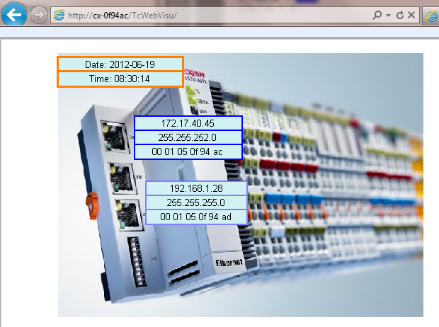 Example of Web Visualization, IP address and fieldbus LEDs 2: