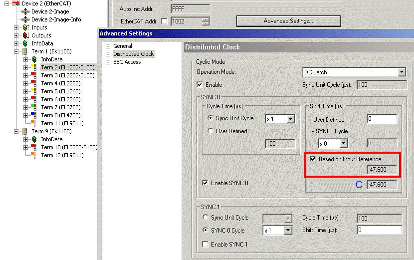 Distributed Clocks settings in the Beckhoff TwinCAT System Manager (2.11) 8: