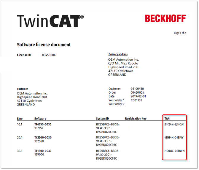 TwinCAT 3 license certificate 1: