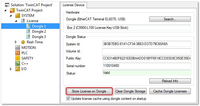 Saving license files manually on the dongle 1: