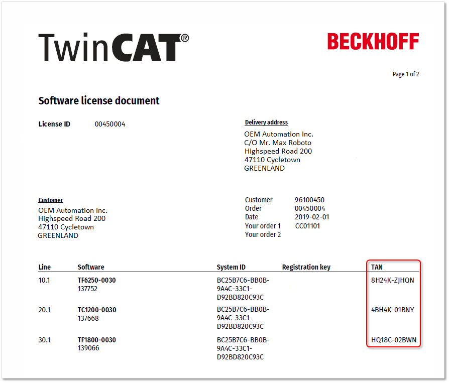 TwinCAT 3 LicenseTANs 1:
