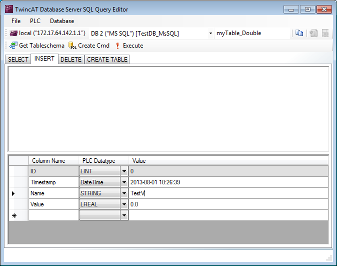 If all column values are insert, and the button "Create Cmd" would be clicked, the INSERT SQL command will be created with the right database syntax.