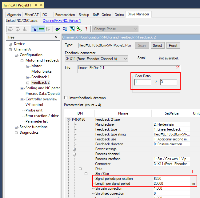 Einstellen der "Feedback Gear Ratio" 2: