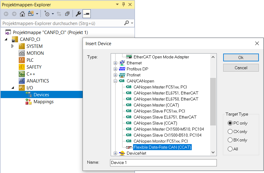 CAN-FD-Device und Baudrateneinstellung 1: