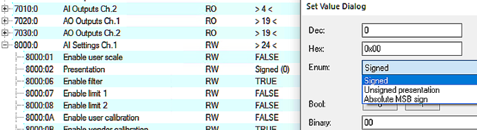 Presentation (nur bei Verwendung von PDO INT16) 1: