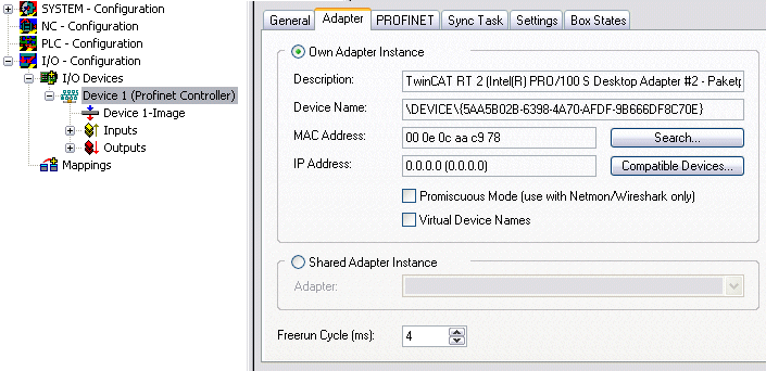 Einbindung des TwinCAT PROFINET Controller Protokolls über RealTimeEthernet Schnittstelle 1: