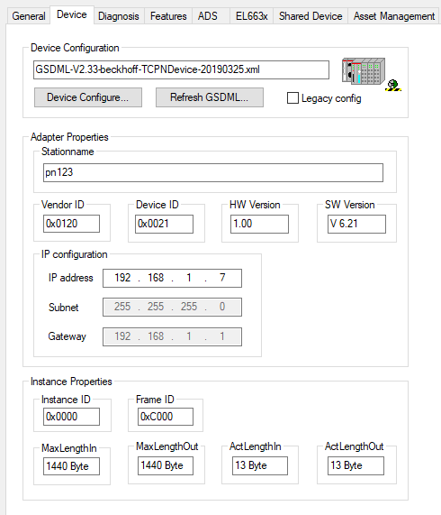 Projektierung des PROFINET Device 1: