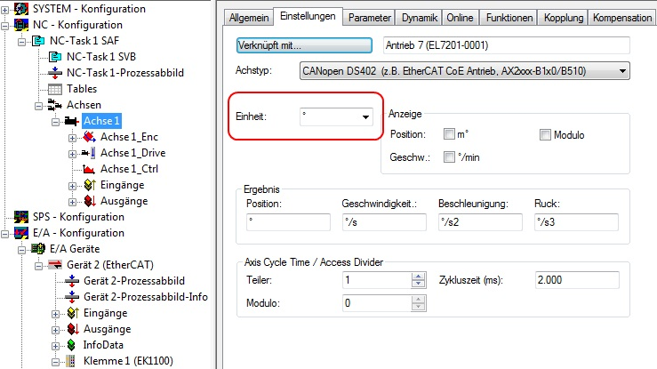 Einstellungen in der NC 1: