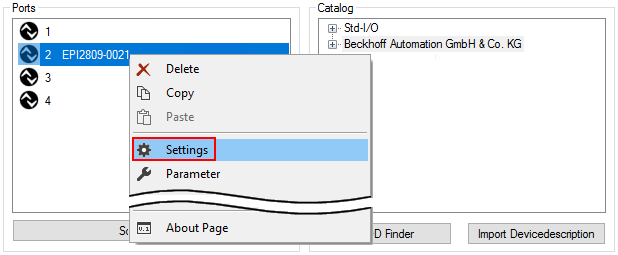 Einstellungen (Settings) der IO-Link Devices 1: