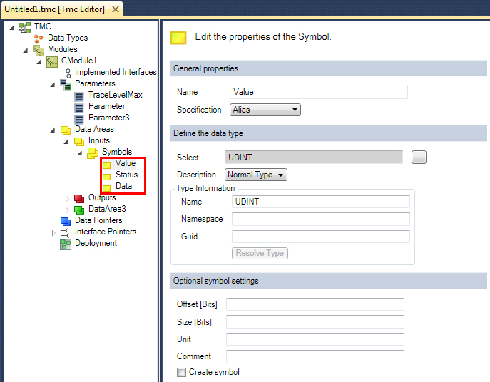 TwinCAT Module Class Editor - Data Areas Symbols Properties 1: