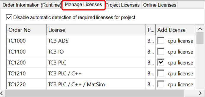 Registerkarte Manage Licenses 1: