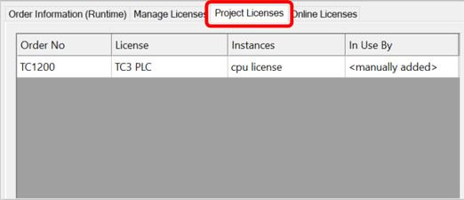 Registerkarte Project Licenses 1: