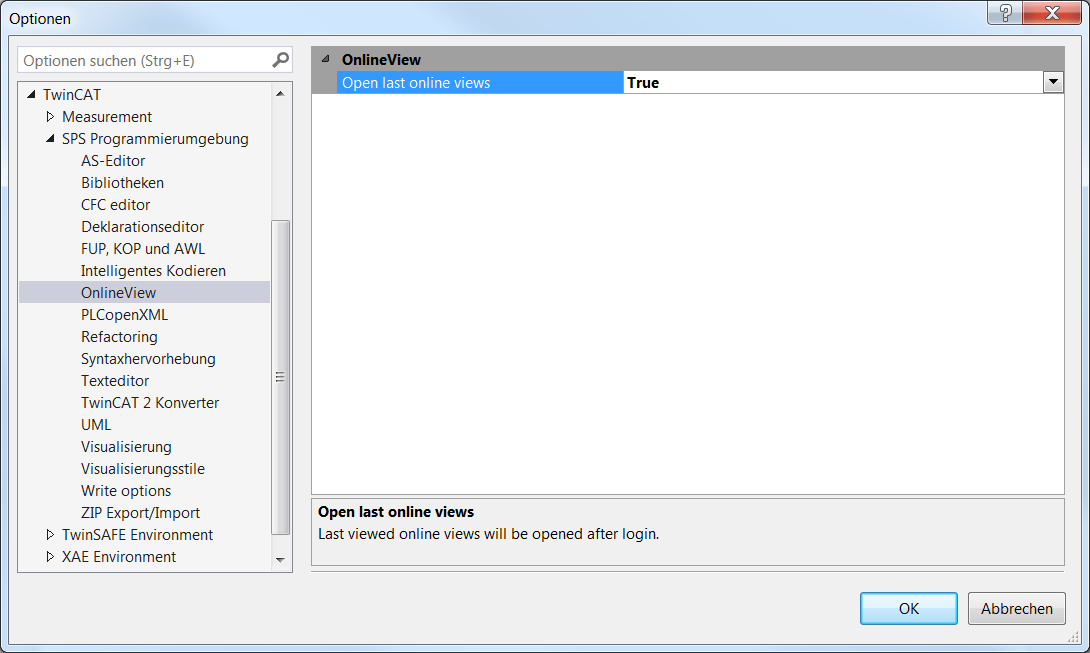 Dialog Optionen - Online View 1: