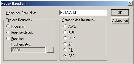 Schritt 2: Anlegen des Applikationprogrammes HelloWorld 1: