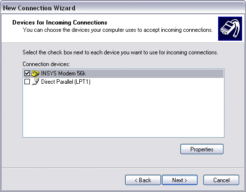 Einrichten einer eingehenden analogen Modemverbindung unter Windows XP 3:
