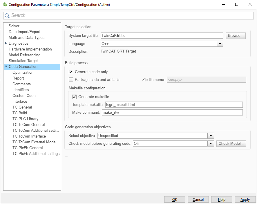 Parametrierung der Code-Generierung in Simulink® 1: