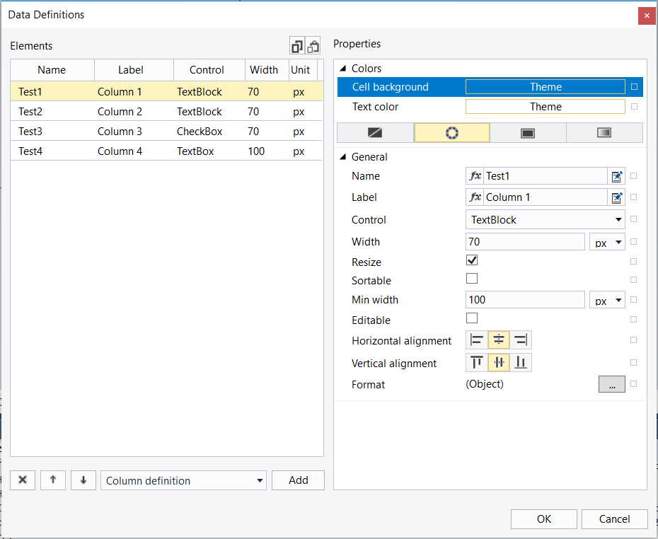 Column Definitions Dialog 1: