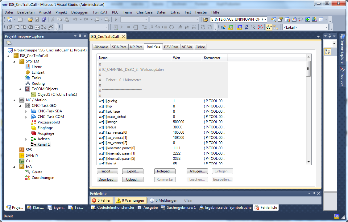 Transformationsparameter des Werkzeugs 1: