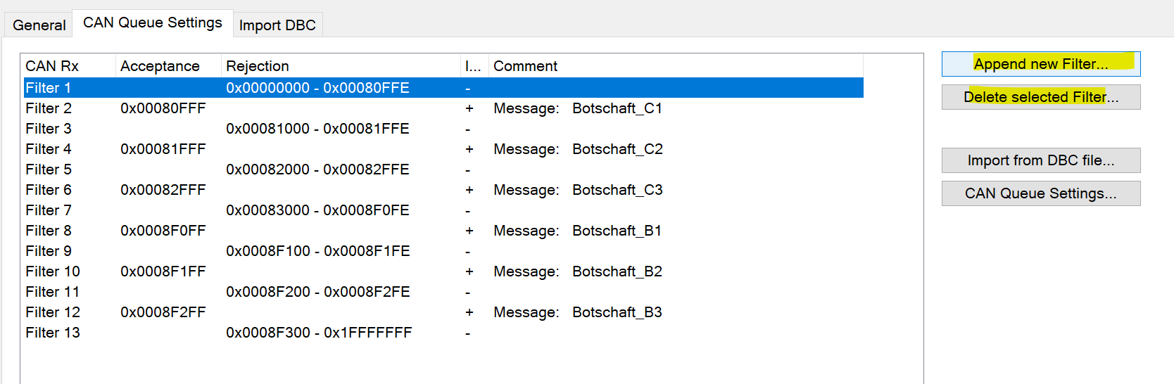 Filter einzeln manuell parametrieren 1: