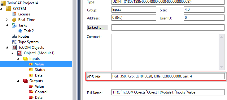 Verbindung mit einem TwinCAT TcCOM-Modul über ADS 3: