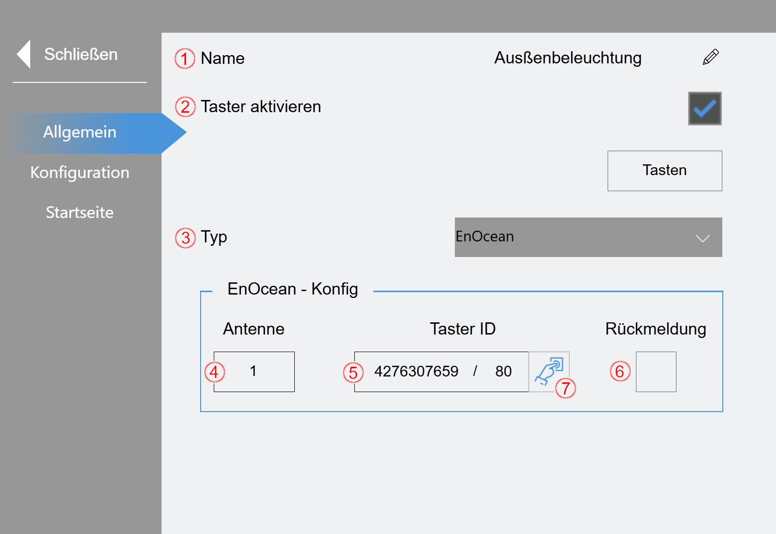Untermenü „Taster“ 1: