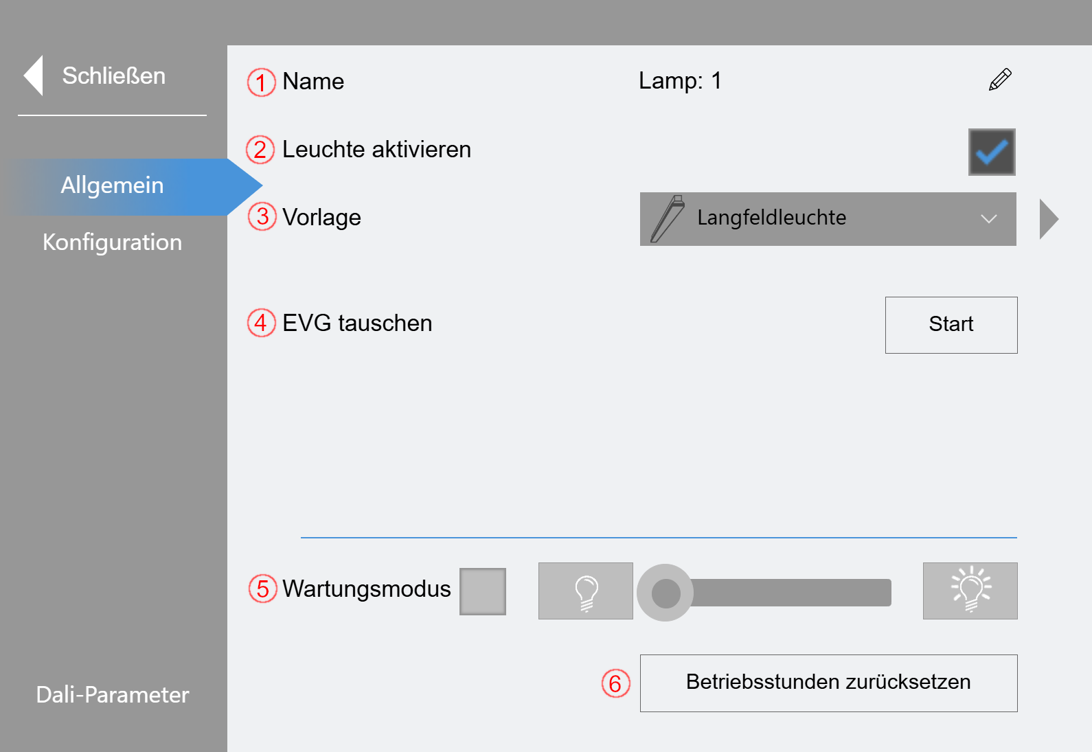 Untermenü „Leuchten“ 1: