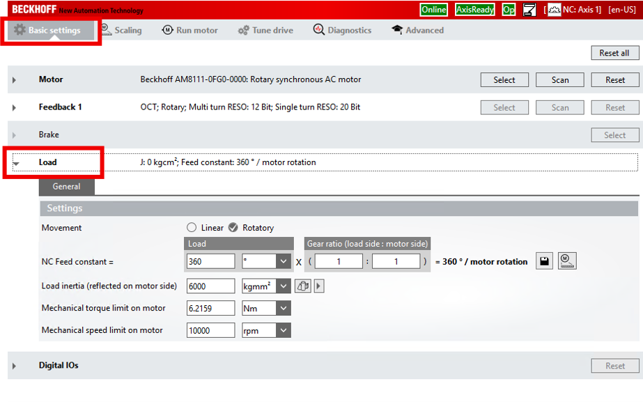 Setting the load parameters in Drive Manager 2 2: