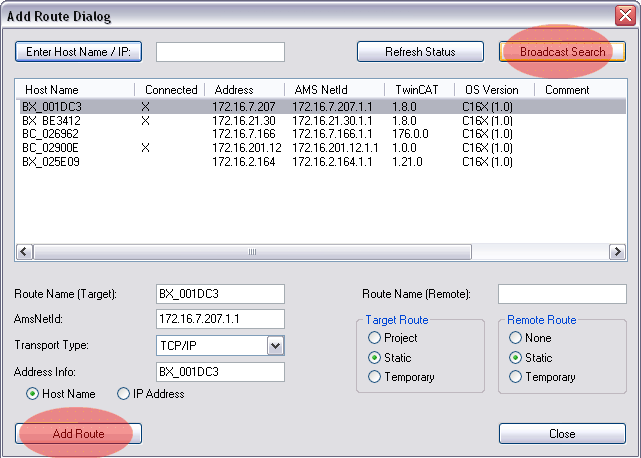 Finding the Bus Terminal Controller with the TwinCAT System Manager 3: