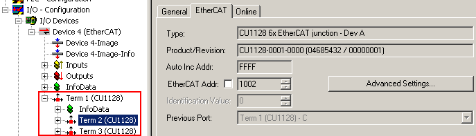Configuration of the CU1128 in the TwinCAT System Manager 8: