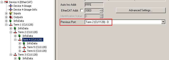 Configuration of the CU1128 in the TwinCAT System Manager 13: