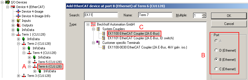 Configuration of the CU1128 in the TwinCAT System Manager 16: