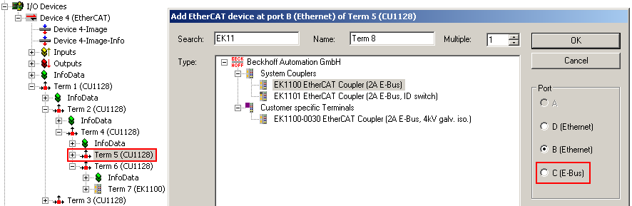 Configuration of the CU1128 in the TwinCAT System Manager 17: