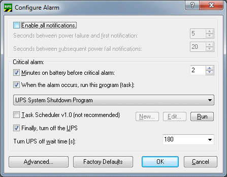 Alarm configuration dialog 1: