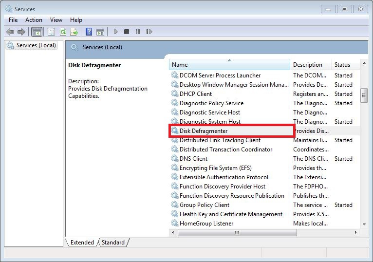 Activating the Disk Defragmenter service 1: