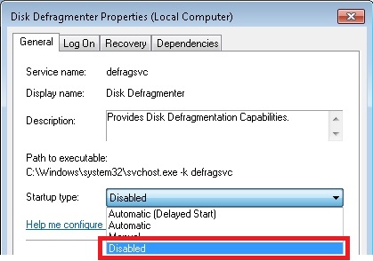 Deactivating the Disk Defragmenter service 2: