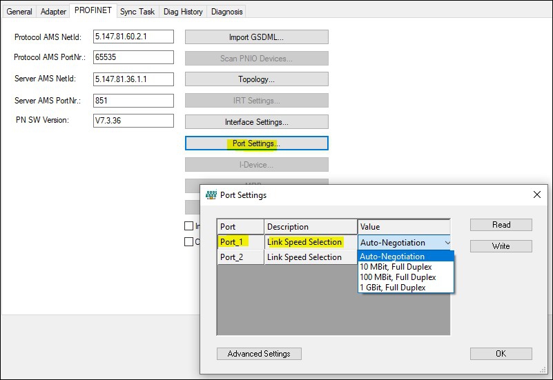 Setting the data transfer rate for PROFINET 2: