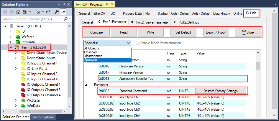 EPIxxxx, ERIxxxx - Setting of the IO-Link device parameters 2: