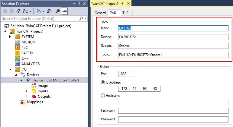 Configure EK9160 under TC3 as IoT MQTT Device 7:
