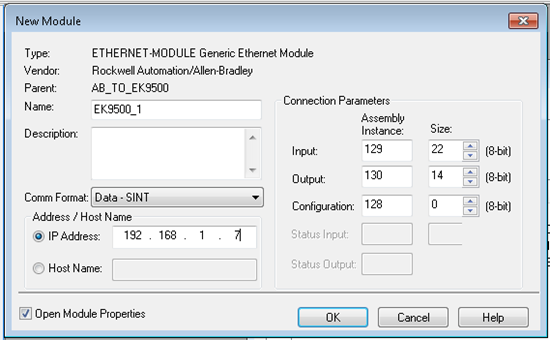 Setting up an EK9500 as a Generic Device in RS Logix Studio 5000 2: