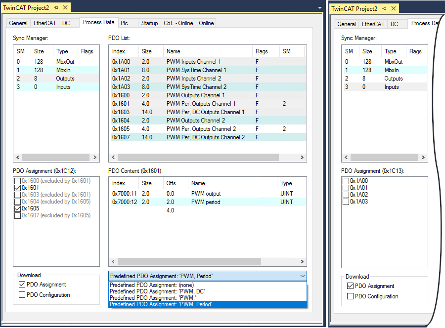 Process data assignment in the "PWM, Period" operation mode 1: