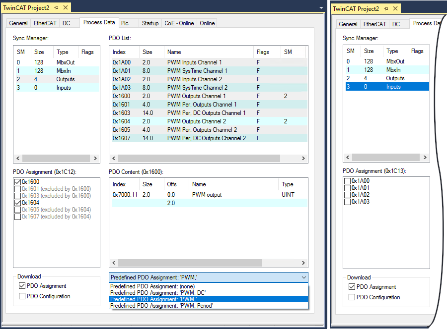 Process data assignment in the "PWM" operation mode 1:
