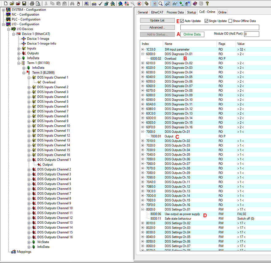 Settings via the CoE directory 1: