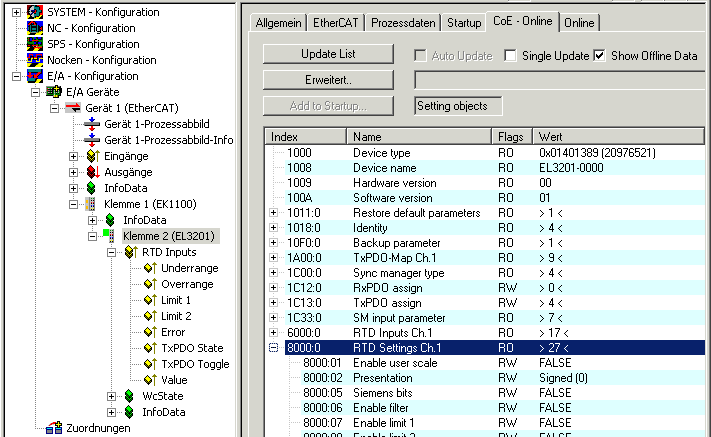 Changing the slave parameters in the CoE directory 1: