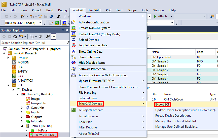 Procedure within and outside TwinCAT with sci file 1: