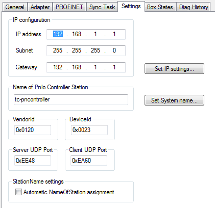 PROFINET controller-specific settings 1: