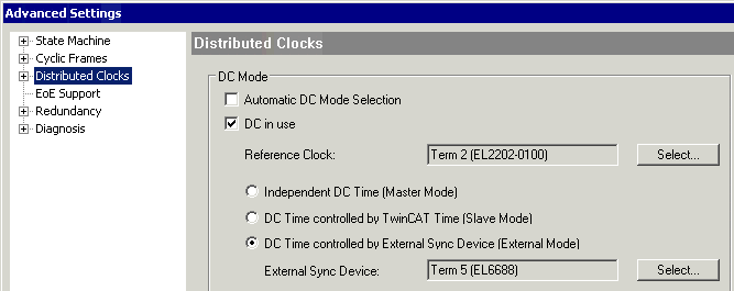 External synchronization: Settings in TwinCAT 2.11 1: