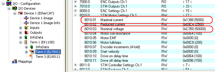 Settings in CoE register 1: