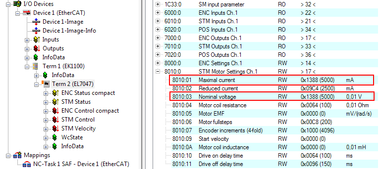 Configuring the main parameters - Settings in the CoE register 1: