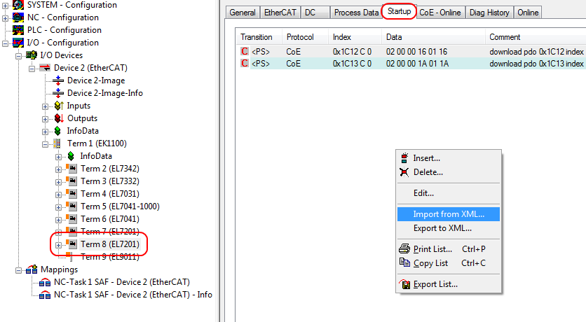 Settings in the CoE register 2: