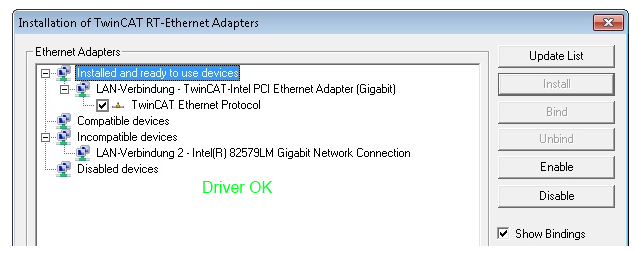 Installation of the TwinCAT real-time driver 8: